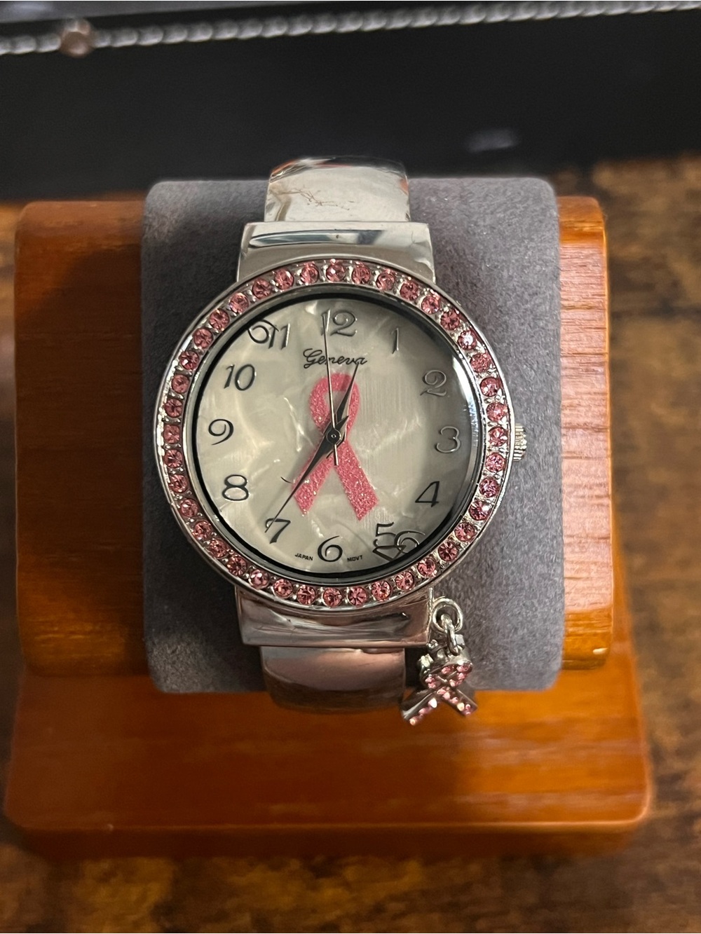 Geneva Silver-Tone Watch with Pink Ribbon Dial and Pink Crystal Accents